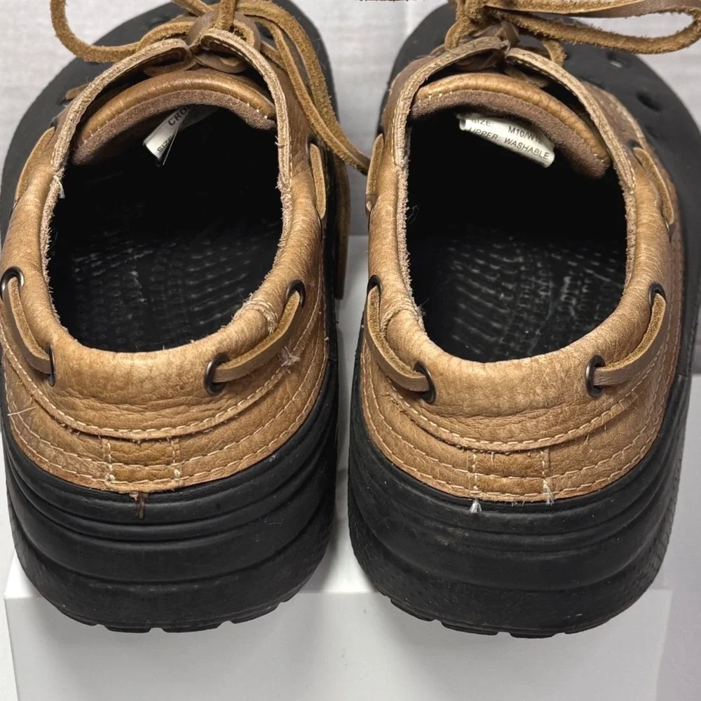 Crocs Pitcrew Boat Shoes Mens 10 Womens 12 Black Tan Leather Laced Clogs Slip On